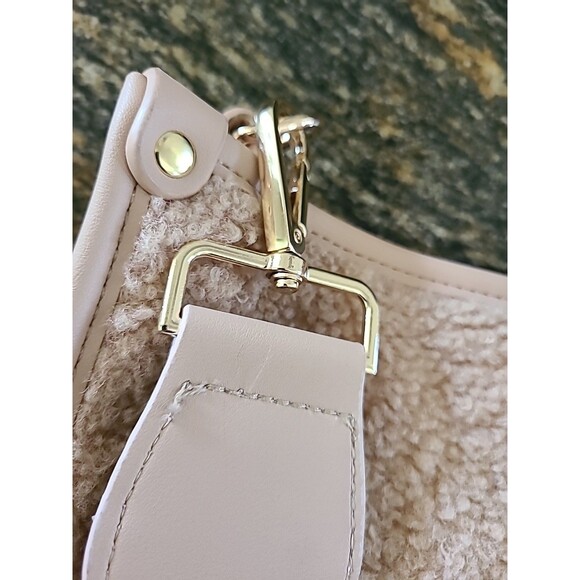 VEGAN FAUX LEATHER AND PLUSH (TERRY) DUSKY PINK HOBO CROSSBODY BAG - Picture 8 of 10